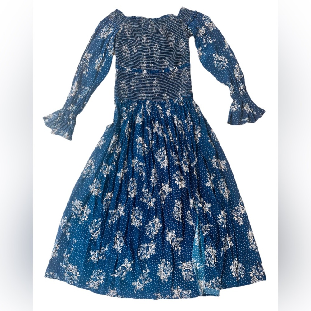 Steele Blue Floral Prairie Dress Ruched Top Flare Sleeves SzS Cottagecore Fairy